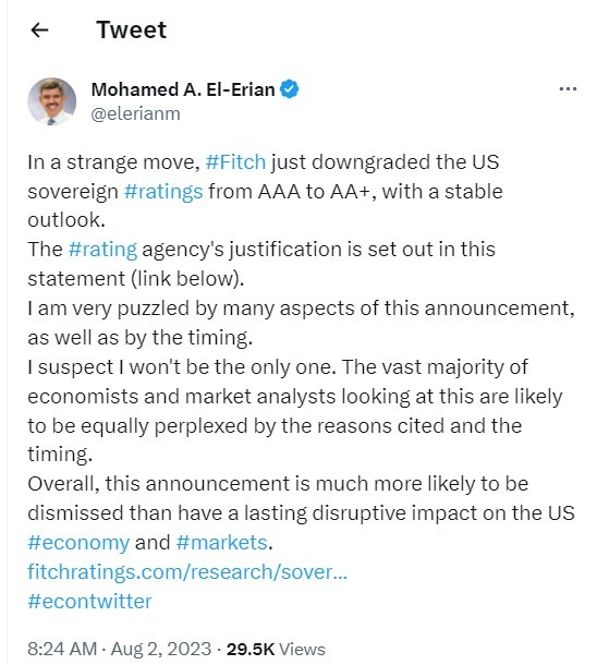 Mohamed El Erian says Fitch downgrade of the US is a strange move